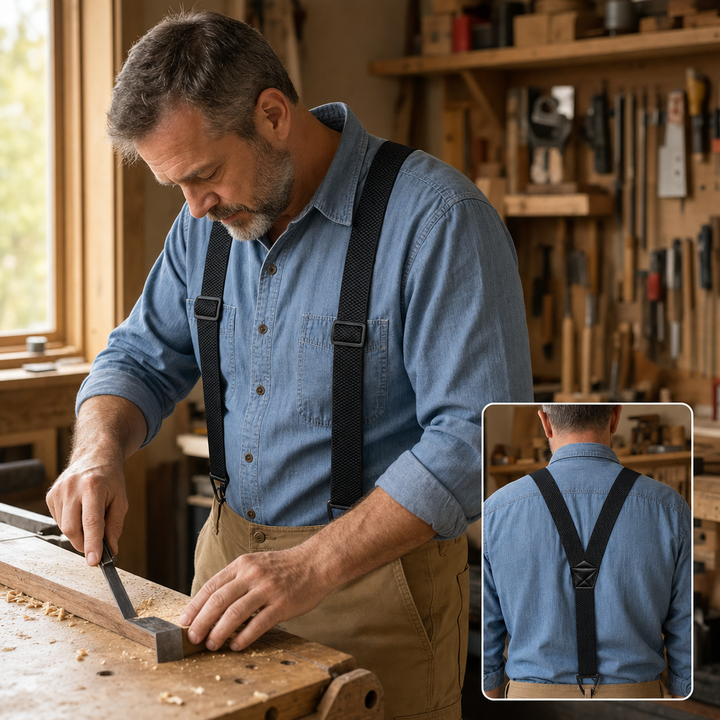 Menuisier en chemise en jean portant des bretelles noires, avec vue de dos en médaillon 1