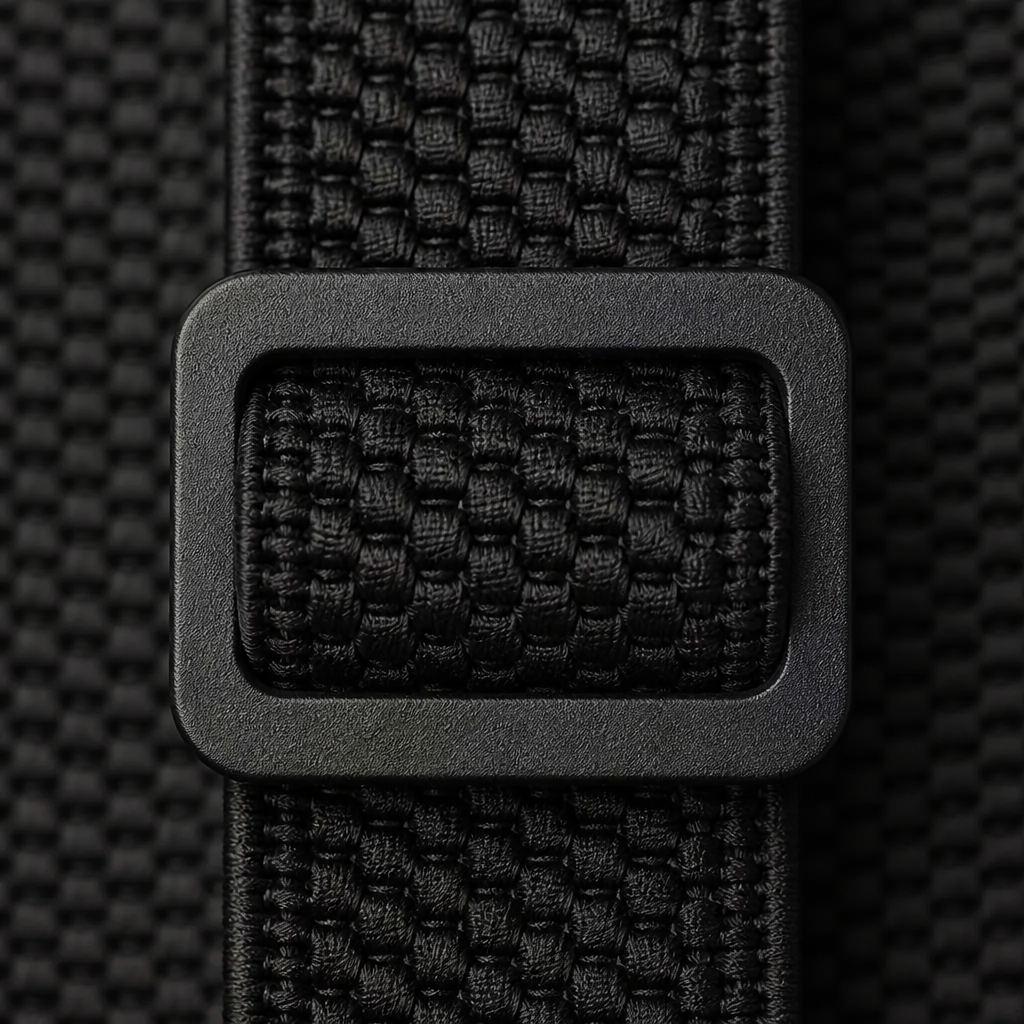 Gros plan sur la boucle coulissante noire qui permet de régler la longueur de la sangle 4