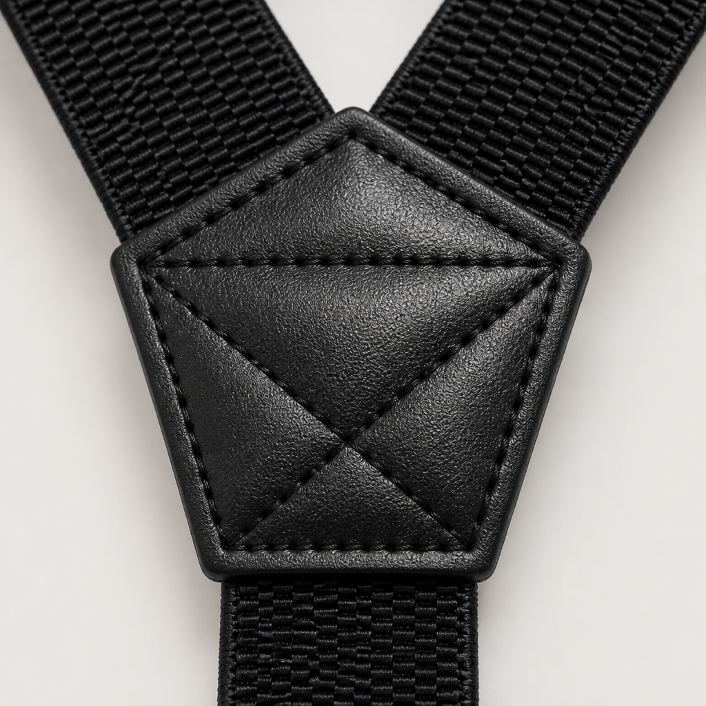 Gros plan sur le renfort pentagonal en similicuir noir cousu où se rejoignent les sangles 3