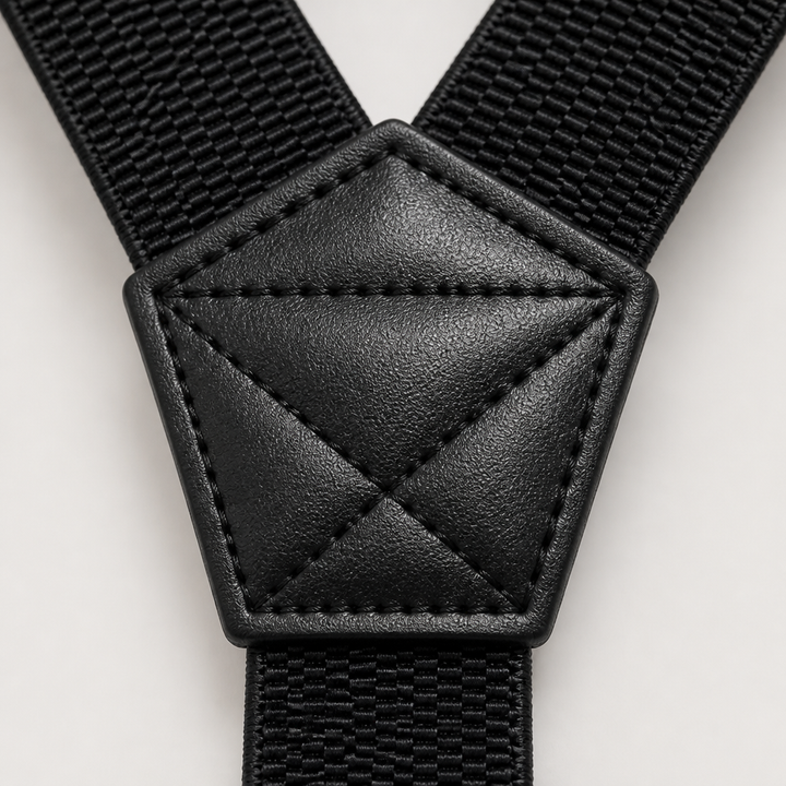 Gros plan sur le renfort pentagonal en similicuir noir cousu où se rejoignent les sangles 3