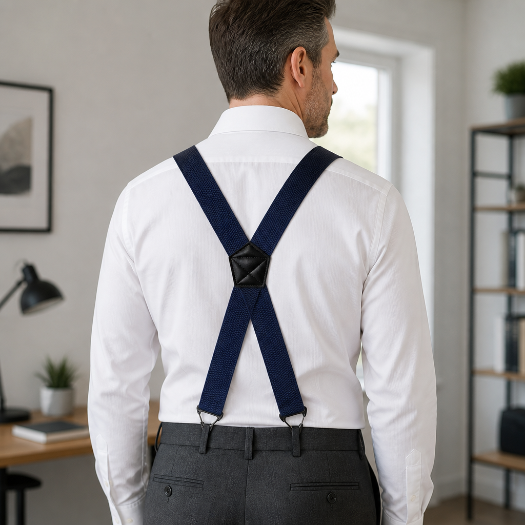 Homme vu de dos en chemise blanche portant des bretelles bleu marine en X 2