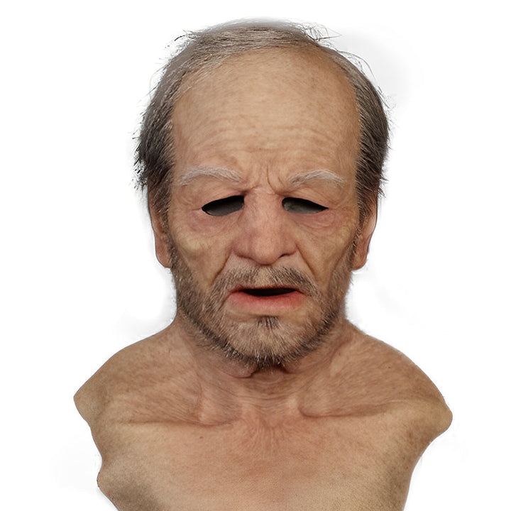 Masque réaliste de vieil homme avec cheveux clairsemés, barbe de quelques jours et buste, présenté sur fond blanc. 26