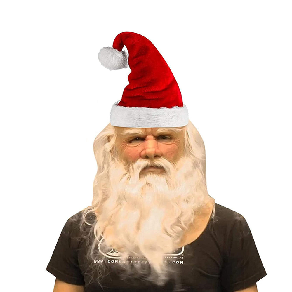 Masque de Père Noël à longue barbe et cheveux blancs ondulés, coiffé d'un bonnet rouge à pompon, porté avec un t-shirt noir. 27