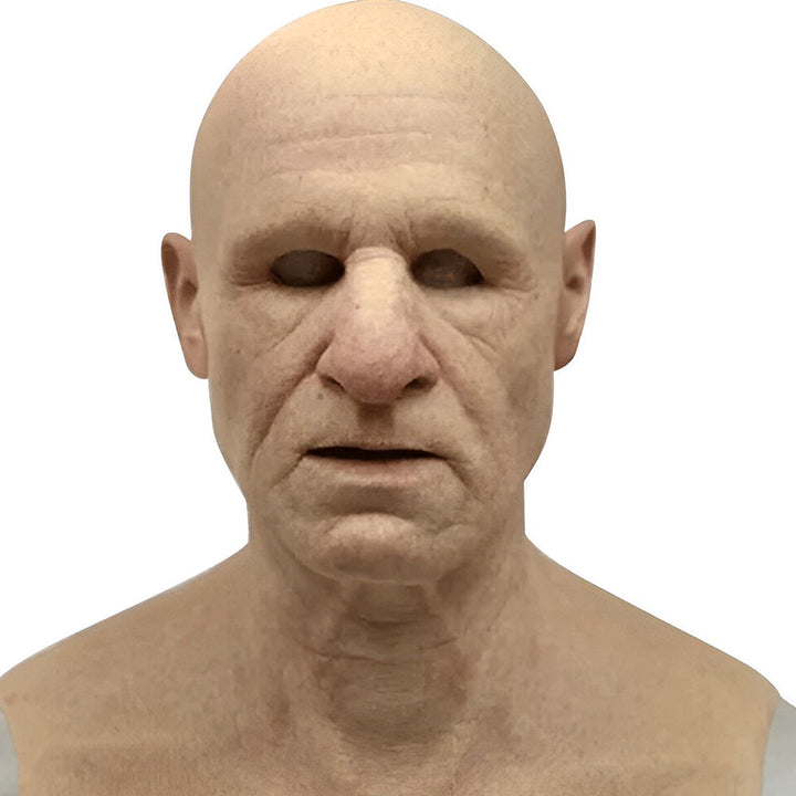 Masque de vieil homme chauve vu de face sur fond blanc, grand nez, rides profondes et épaules moulées. 4