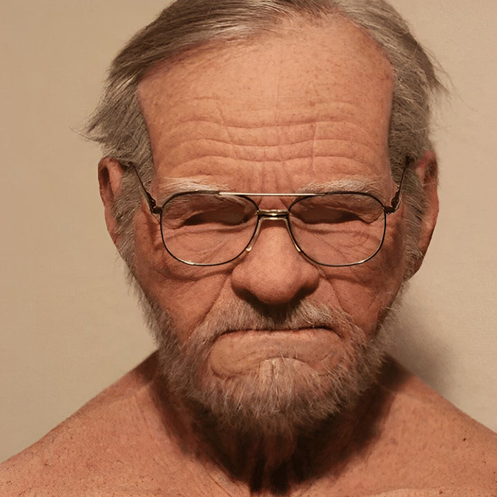 Gros plan sur le visage d'un masque de vieil homme à lunettes, front plissé, barbe grise et cheveux gris. 5