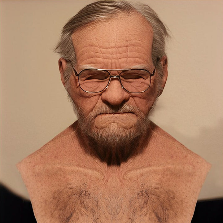 Masque de vieil homme à lunettes et barbe, avec buste moulé poilu et épaules larges, vu de face. 9