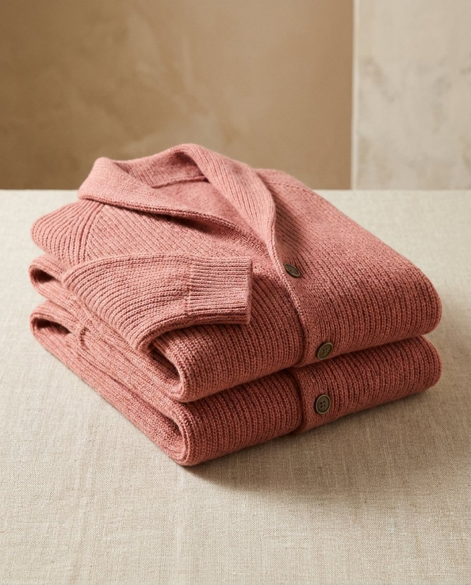 Deux cardigans côtelés rose terracotta pliés et empilés sur une nappe de lin, col châle et boutons visibles. 7