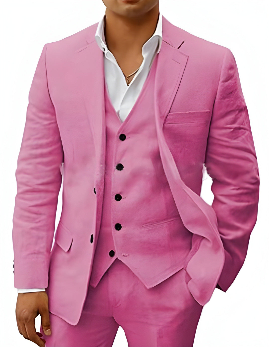 Même costume en rose bonbon, porté par un homme, veste ouverte sur gilet boutonné, chemise blanche et pantalon assorti. 14