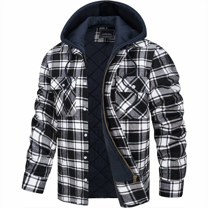 Veste ouverte à carreaux noirs, blancs et gris, capuche bleu marine à cordons, doublure matelassée 4