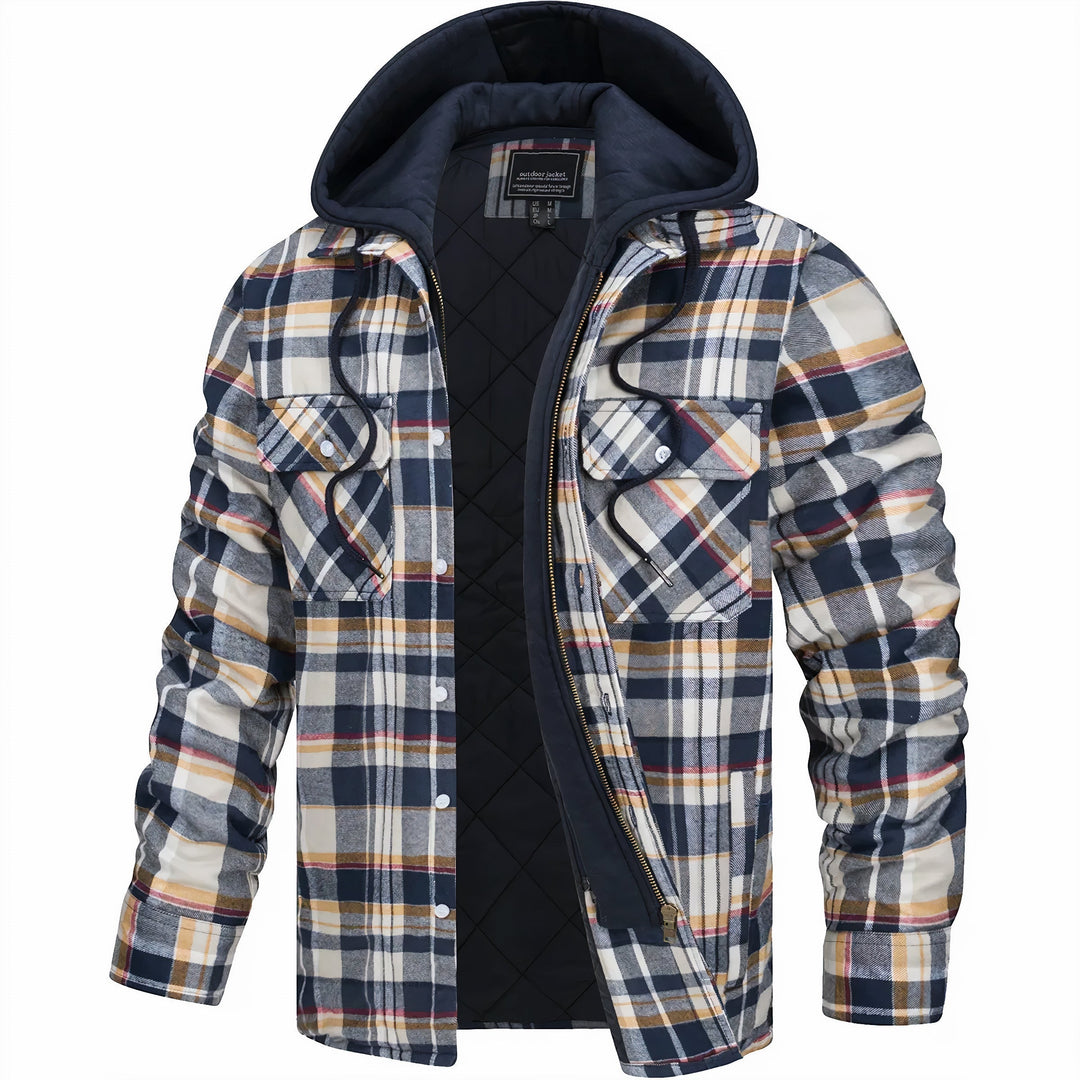 Veste ouverte à carreaux beige, bleu marine et jaune, fine rayure rouge, doublure matelassée noire 6