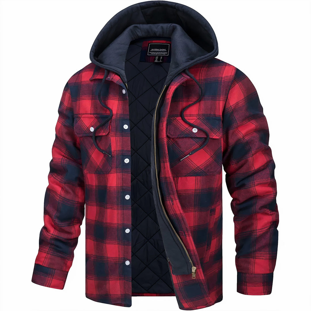 Veste ouverte à carreaux rouges et bleu marine, capuche grise et doublure matelassée noire visible 1