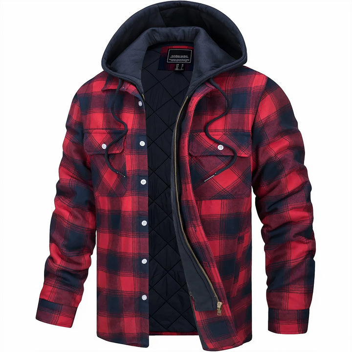 Veste ouverte à carreaux rouges et bleu marine, capuche grise et doublure matelassée noire visible 1