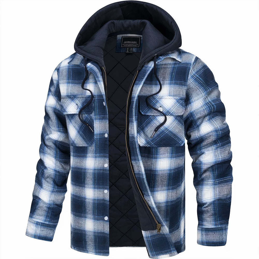 Veste ouverte à grands carreaux bleus, blancs et gris, capuche bleu marine, doublure matelassée apparente 2