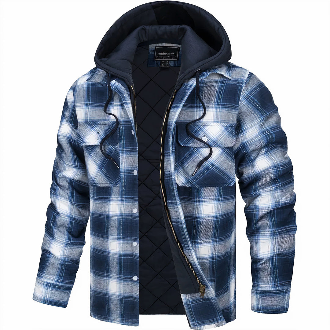 Veste ouverte à grands carreaux bleus, blancs et gris, capuche bleu marine, doublure matelassée apparente 2