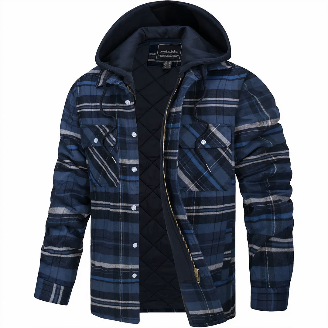 Veste ouverte à carreaux bleu foncé rayés de gris, poches poitrine à rabat et doublure matelassée 5