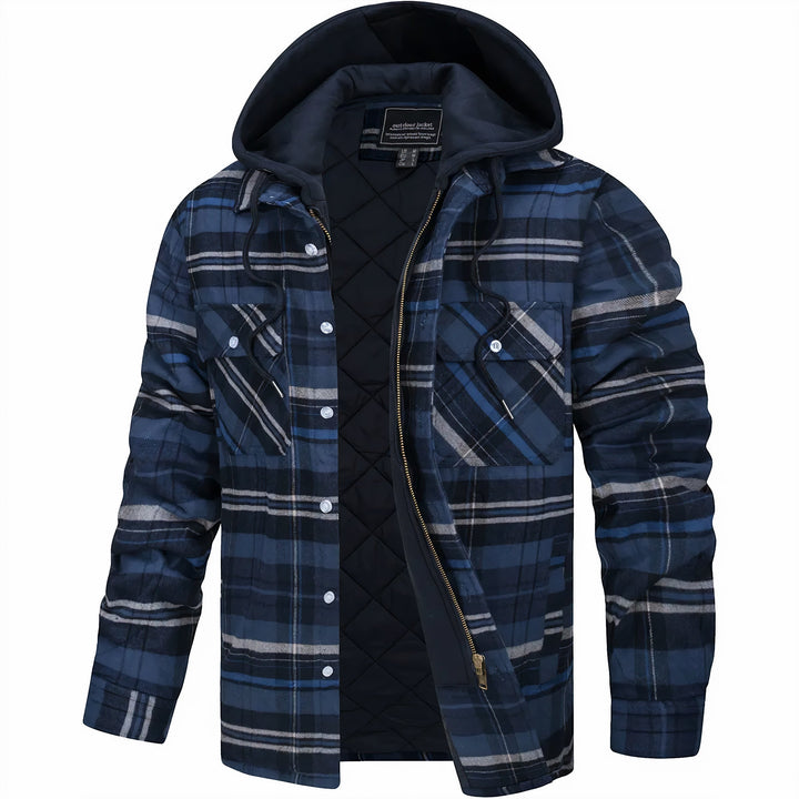 Veste ouverte à carreaux bleu foncé rayés de gris, poches poitrine à rabat et doublure matelassée 5