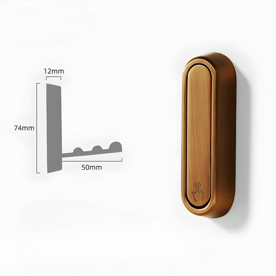 Crochet ovale bronze patiné replié, présenté avec son schéma de dimensions de profil sur fond blanc. 7