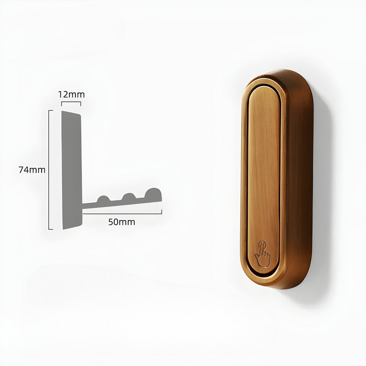 Crochet ovale bronze patiné replié, présenté avec son schéma de dimensions de profil sur fond blanc. 7