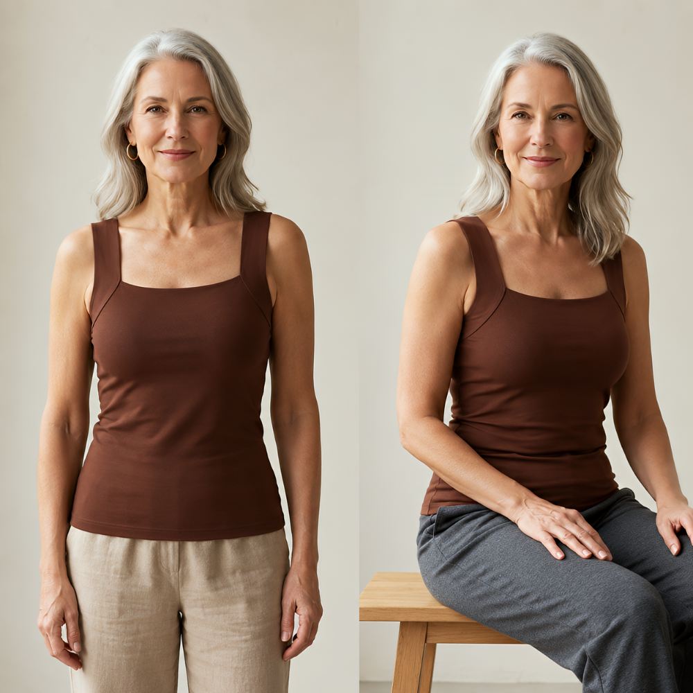 Deux vues du débardeur brun portées par la même femme, debout avec un pantalon beige puis assise sur un tabouret en bois. 5