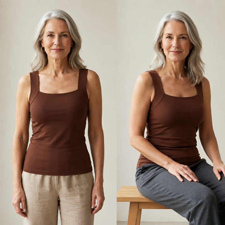 Deux vues du débardeur brun portées par la même femme, debout avec un pantalon beige puis assise sur un tabouret en bois. 5