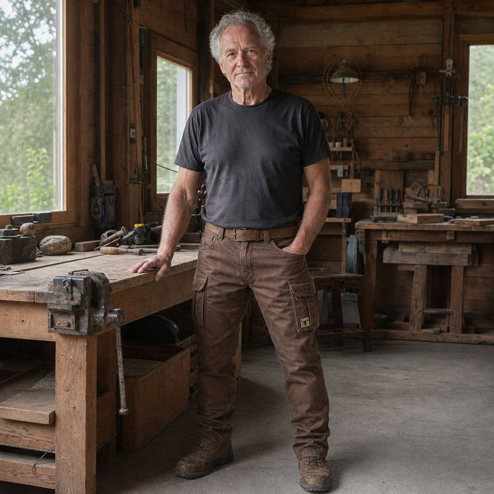Homme debout dans un atelier en bois, pantalon cargo marron, t-shirt sombre et ceinture en cuir 4