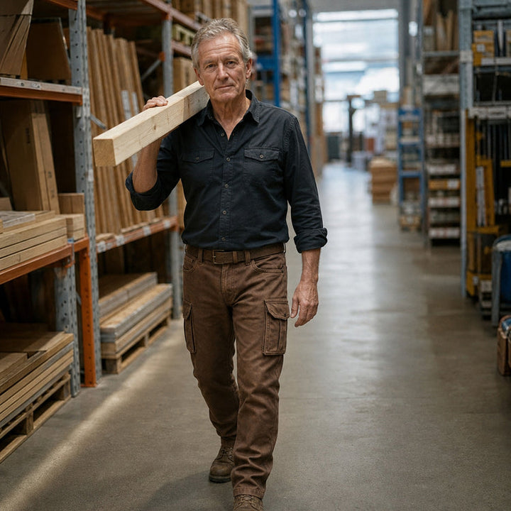 Homme aux cheveux gris portant le pantalon cargo marron avec une chemise sombre, une poutre sur l'épaule dans un entrepôt 3