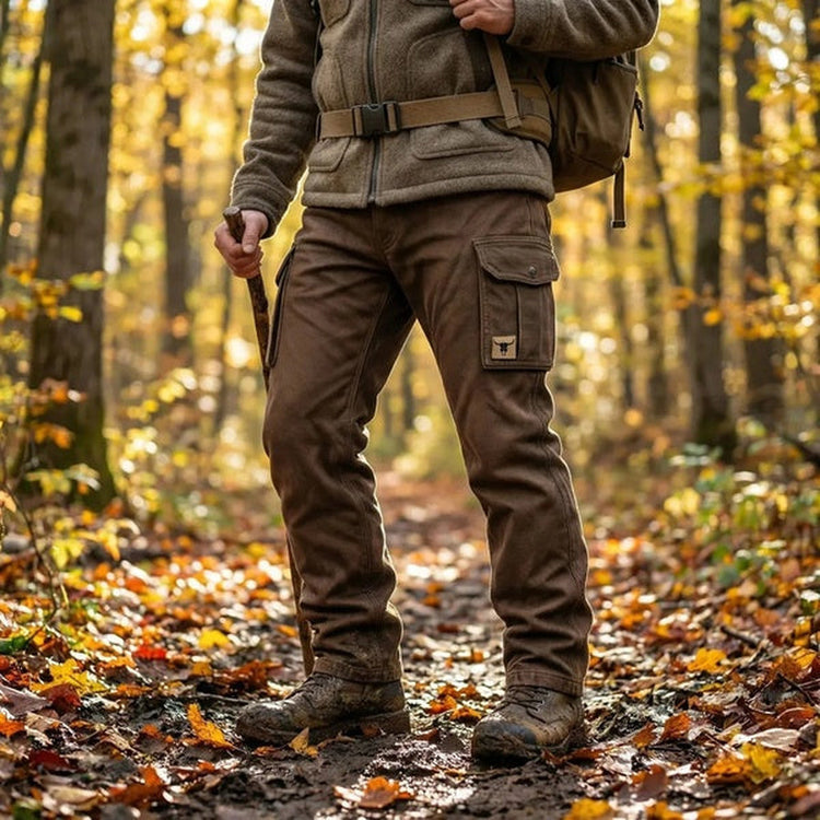 Pantalon cargo marron porté en forêt d'automne avec veste en laine, sac à dos et bâton 2
