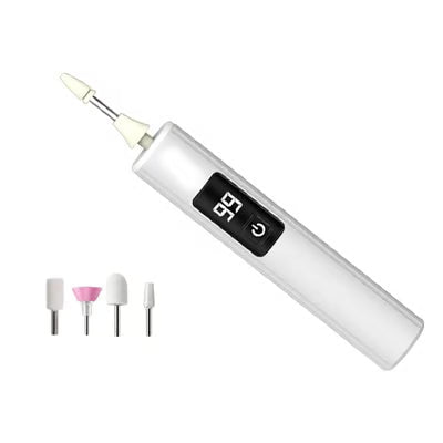 Stylo électrique blanc à écran numérique, présenté sur fond uni avec quatre embouts de ponçage disposés devant 2