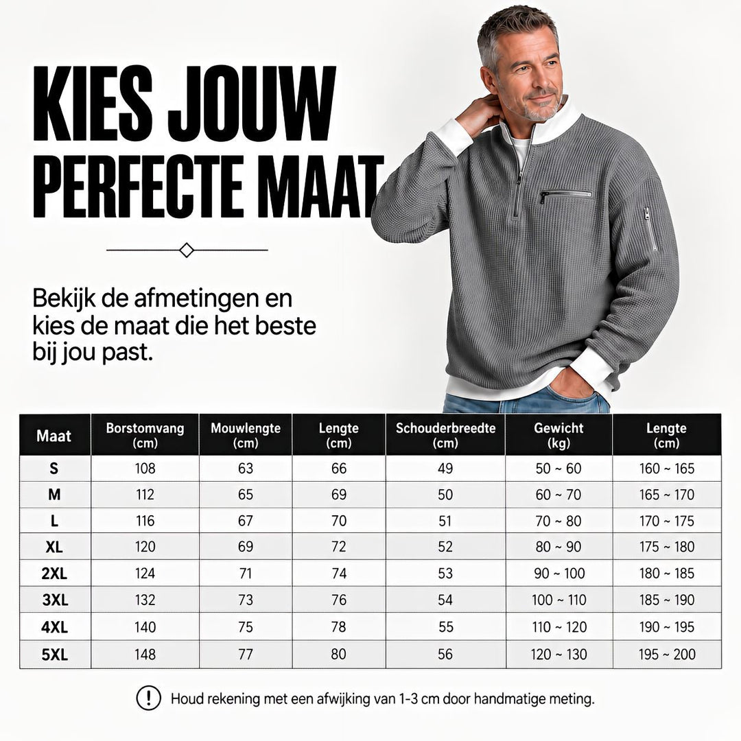 Guide des tailles du pull gris porté par un homme, avec tableau des mesures de la taille S à 5XL. 12