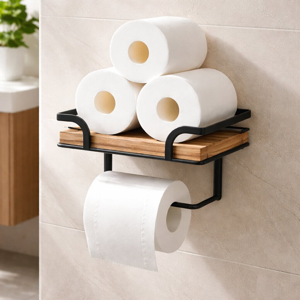 Étagère en bois et métal noir supportant trois rouleaux de papier de réserve, au-dessus du rouleau en service. 4
