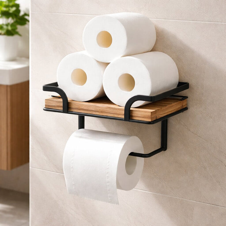 Étagère en bois et métal noir supportant trois rouleaux de papier de réserve, au-dessus du rouleau en service. 4