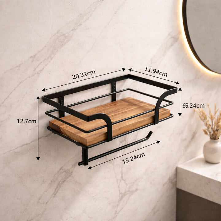 Schéma avec cotes indiquant les dimensions de l'étagère en bois, du cadre noir et de la tige porte-rouleau. 6