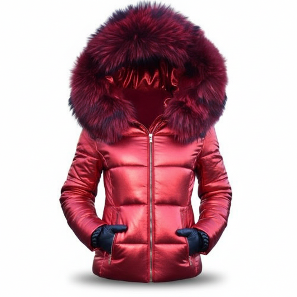 Veste rouge brillante fermée, avec large capuche fourrée bordeaux, mains gantées de noir dans les poches, sur fond blanc. 10