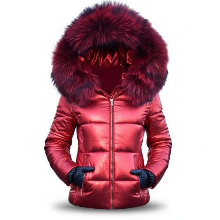 Veste rouge brillante fermée, avec large capuche fourrée bordeaux, mains gantées de noir dans les poches, sur fond blanc. 10