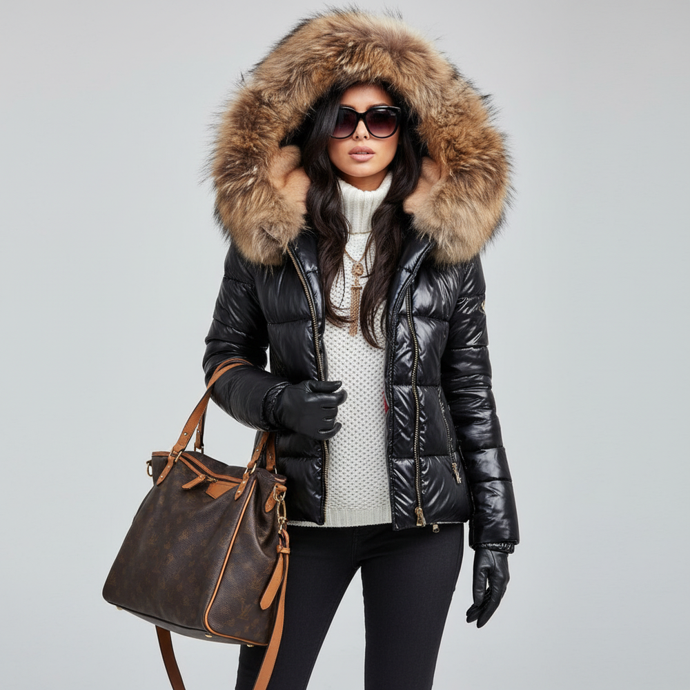 Femme en veste noire matelassée à capuche fourrée beige, lunettes de soleil et gants noirs, sur fond gris uni. 2