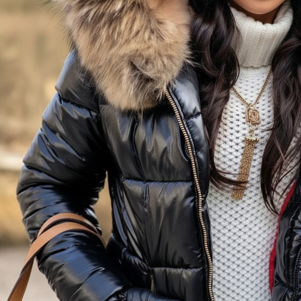 Gros plan sur le col fourré, la fermeture éclair dorée et le matelassage brillant de la veste, portée sur un pull blanc. 3