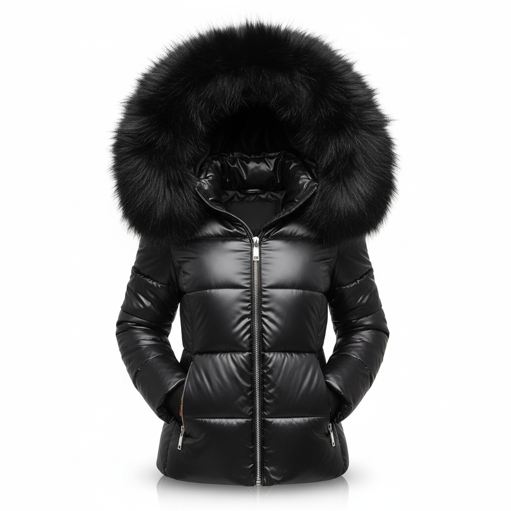Veste noire matelassée vue de face sur fond blanc, avec capuche à grande fourrure noire et fermeture éclair argentée. 4