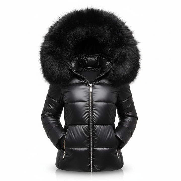Veste noire matelassée vue de face sur fond blanc, avec capuche à grande fourrure noire et fermeture éclair argentée. 4