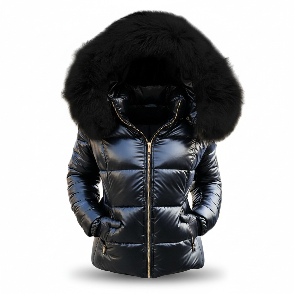 Veste noire brillante à capuche fourrée noire, fermeture éclair dorée et poches zippées, présentée de face sur fond blanc. 5