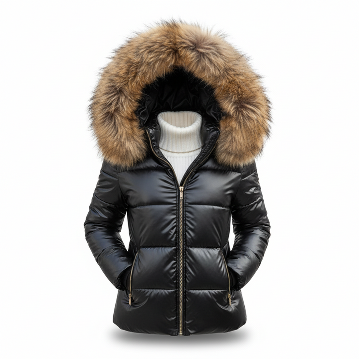 Veste noire matelassée entrouverte avec capuche à fourrure beige et col roulé blanc visible, présentée sur fond blanc. 6