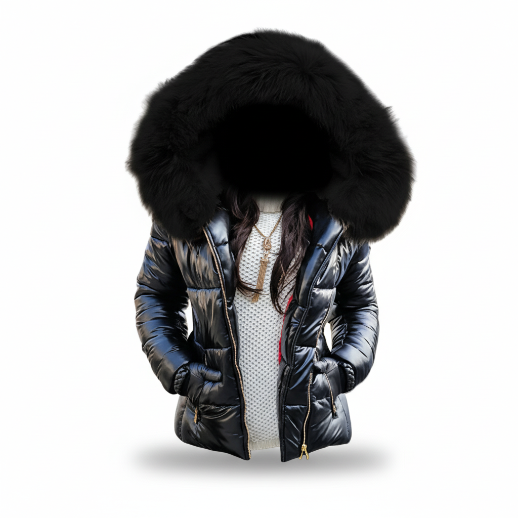 Veste noire brillante ouverte sur un pull blanc en maille, avec grande capuche à fourrure noire et collier doré. 7