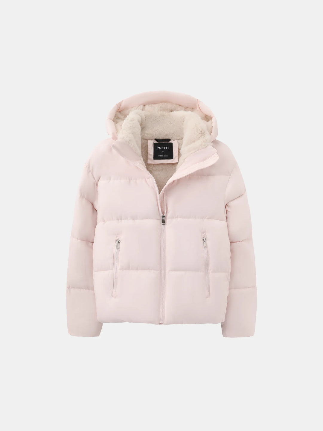 Veste rose pâle à plat, capuche et doublure polaire visibles, deux poches zippées devant 9