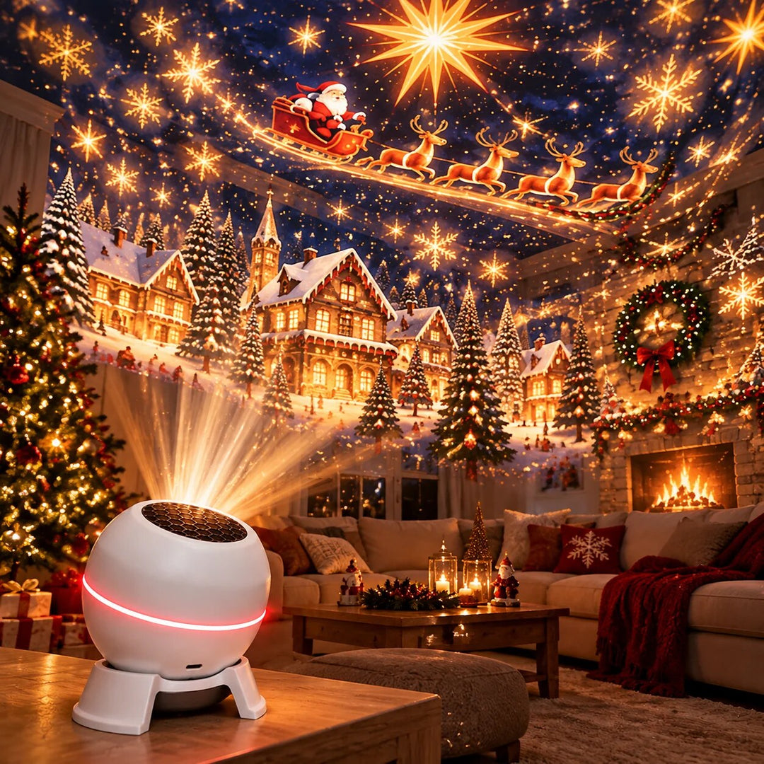 Salon décoré de Noël dont le plafond et les murs sont couverts d'une projection de village et de rennes 4