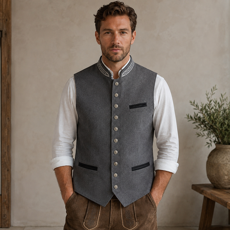 Homme debout, face à l'objectif, portant le gilet gris à col montant brodé et boutons métalliques sur une chemise blanche aux manches retroussées. 1