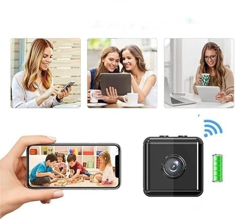 Caméra noire carrée avec symboles WiFi et batterie, et un smartphone montrant des enfants qui jouent, avec trois scènes de la vie quotidienne. 3