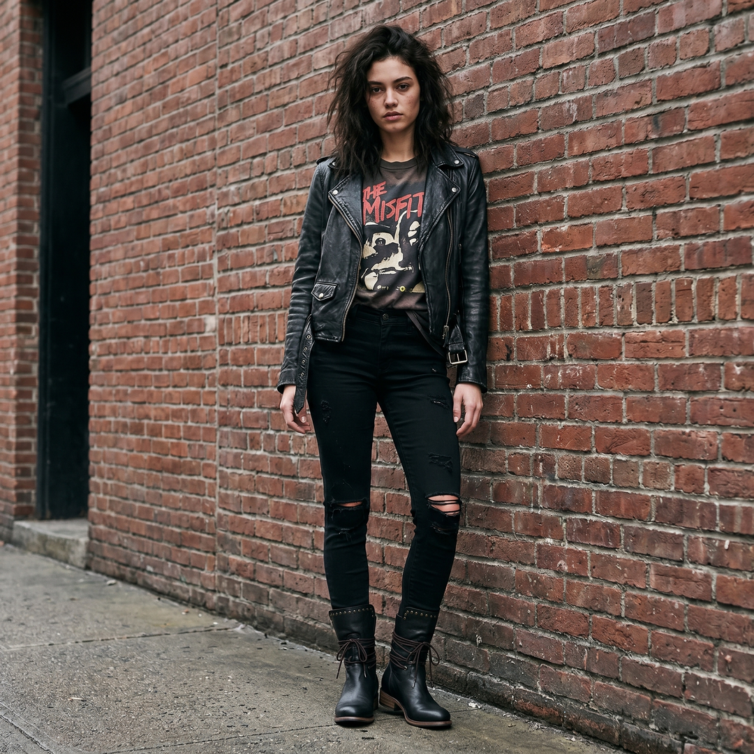 Mannequin en veste de cuir noir et jean noir troué portant des bottes noires à rivets, adossée à un mur de briques. 13