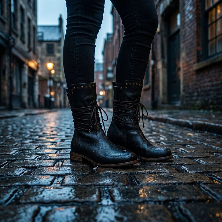 Bottes noires à rivets et lacets bruns, mouillées de pluie, portées avec un jean noir sur des pavés luisants. 18