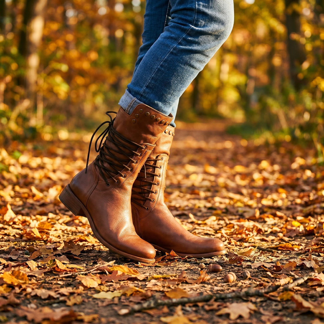 Bottes marron à lacets et rivets portées avec un jean retroussé sur un sentier couvert de feuilles d'automne. 20