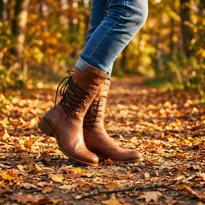 Bottes marron à lacets et rivets portées avec un jean retroussé sur un sentier couvert de feuilles d'automne. 20
