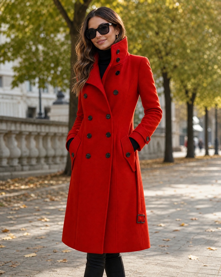 Femme en manteau rouge à double boutonnage, col montant, mains dans les poches, dans un parc d'automne 1
